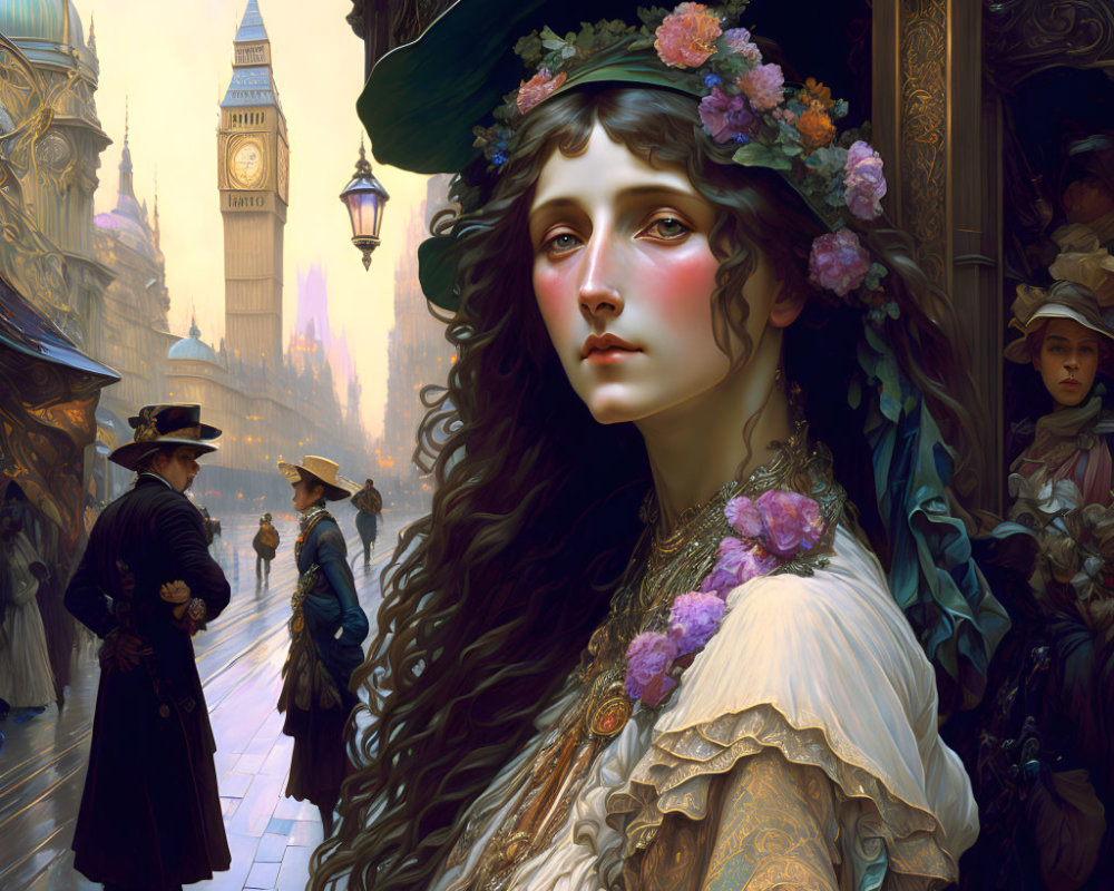 Victorian lady in floral hat and intricate dress at Big Ben with period attire people