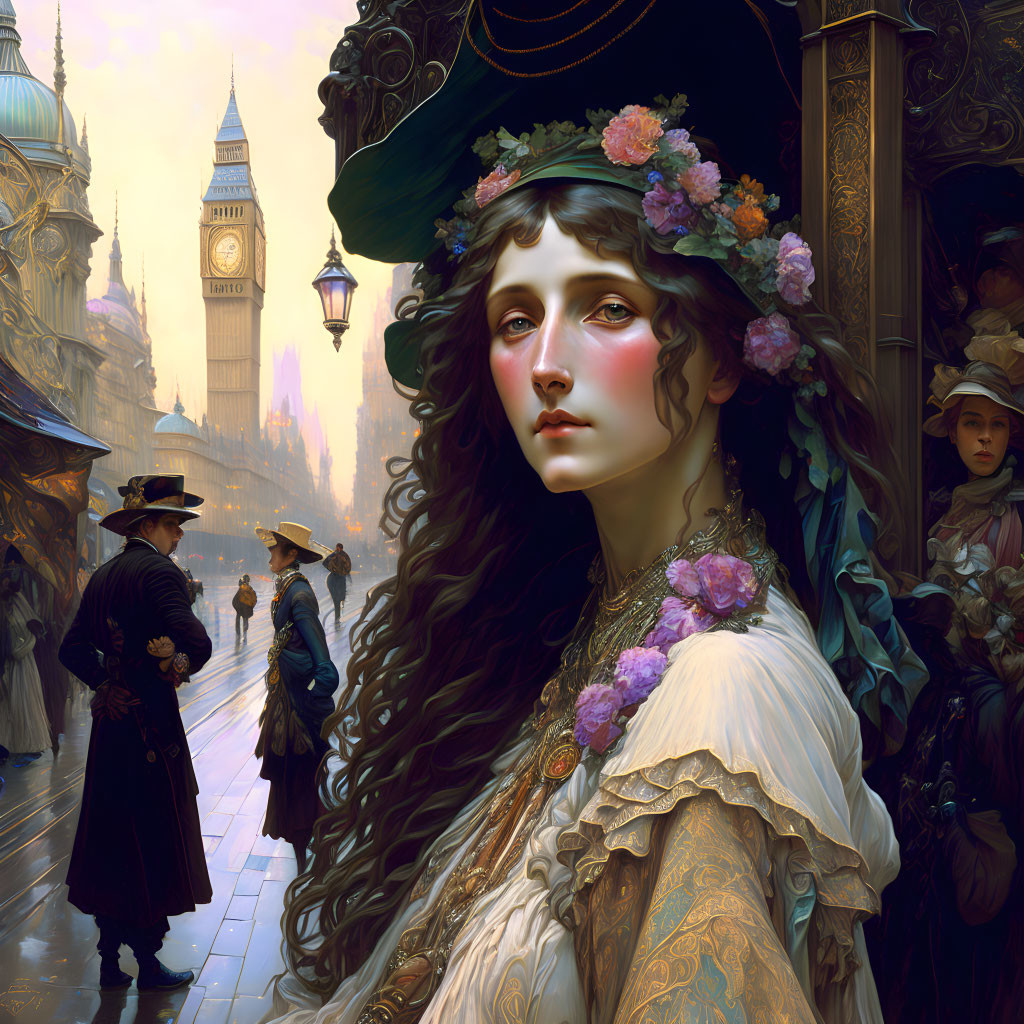 Victorian lady in floral hat and intricate dress at Big Ben with period attire people