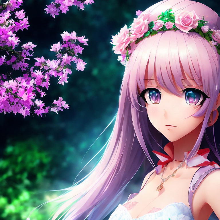 Pink-haired animated character with floral headband and large blue eyes in pink blossoms background