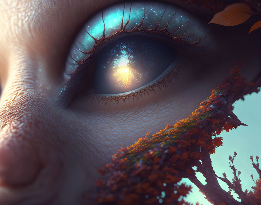 Detailed Close-Up of Eye with Surreal Tree Landscape Reflection