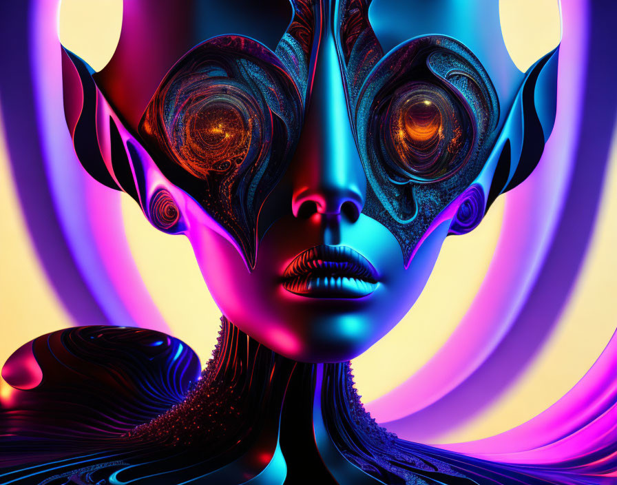 Colorful surreal humanoid figure with swirling patterns on psychedelic backdrop