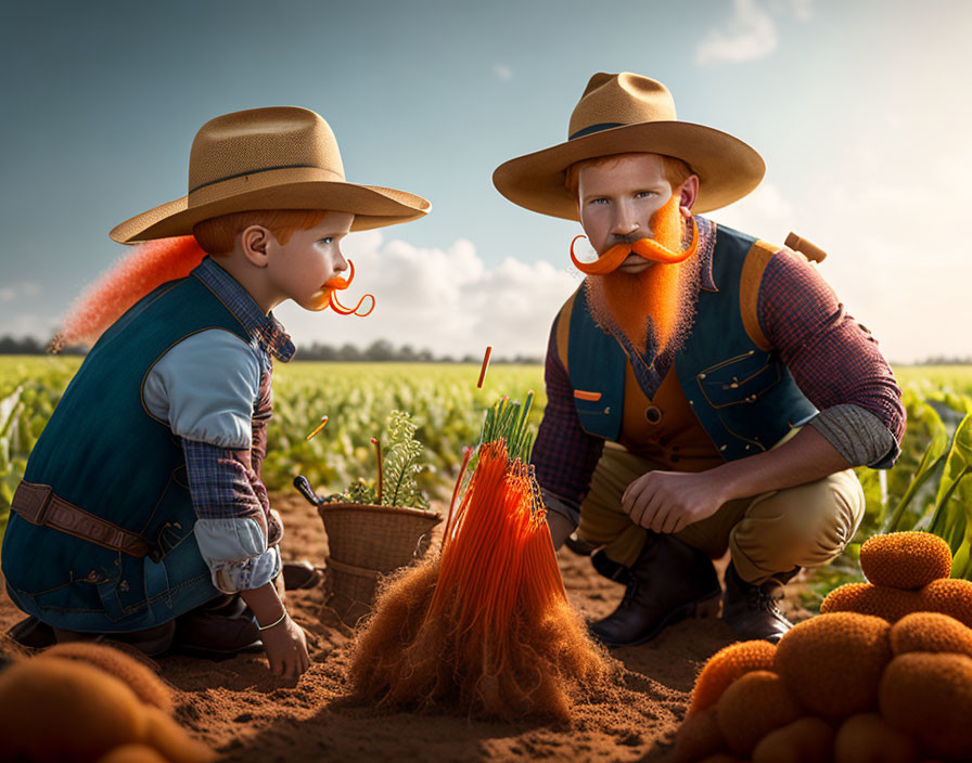 Stylized characters with orange mustaches harvest carrots in a sunny field