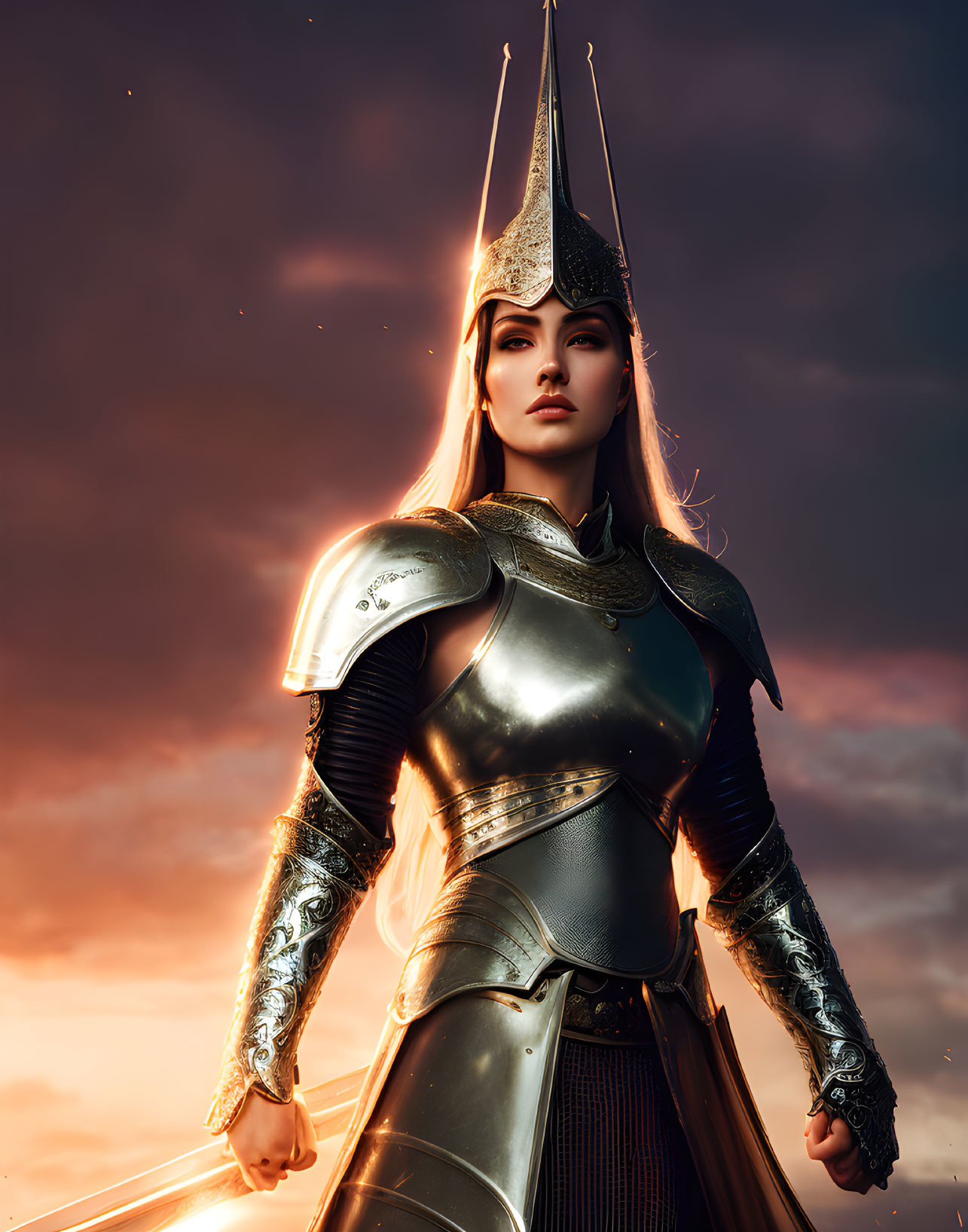 Female warrior in silver armor and crown under dramatic sunset sky