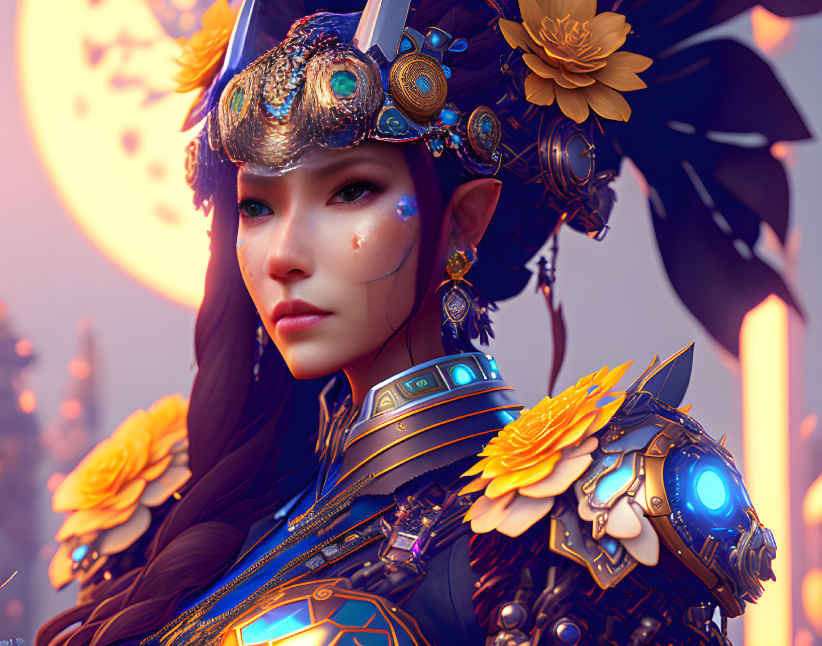 Digital artwork: Woman in elf-like armor with gold flowers and futuristic blue elements