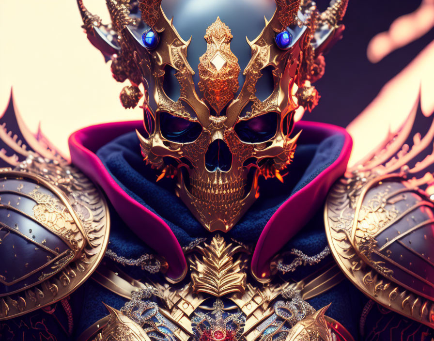 Golden Skull Mask with Blue Gemstones & Regal Costume: Elaborate Shoulder Armor & Luxurious