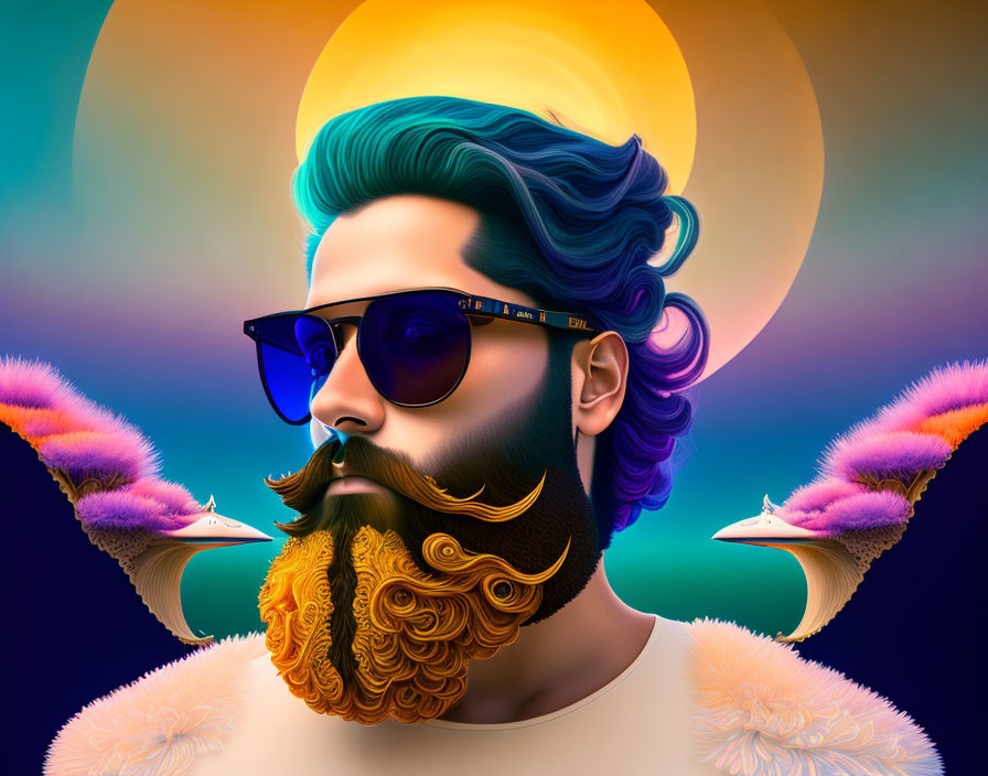 Colorful digital portrait featuring man with blue beard, sunglasses, and hummingbirds.