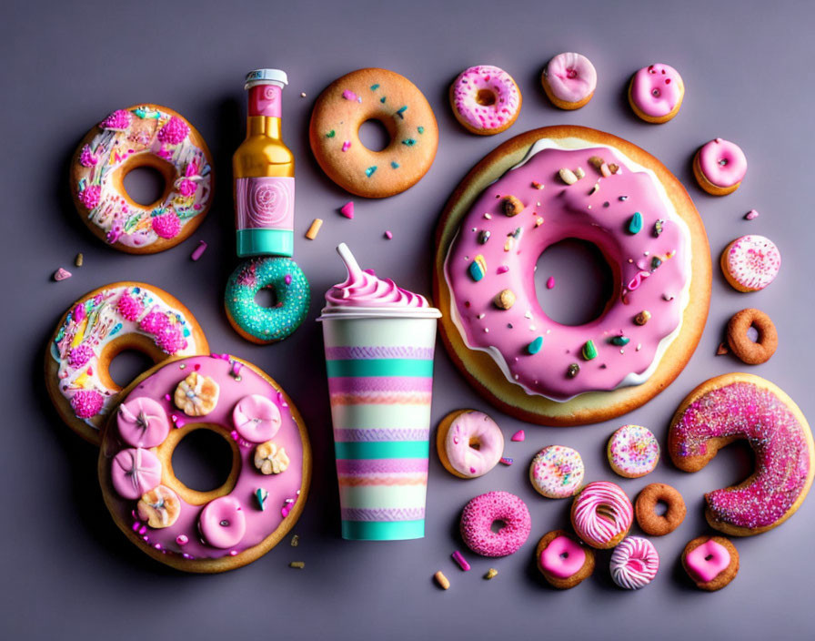 Colorful Doughnuts, Bottle, and Milkshake Cup on Purple Background