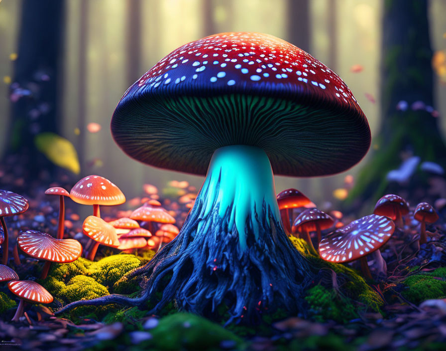 Vibrant red cap mushroom towering over glowing forest floor