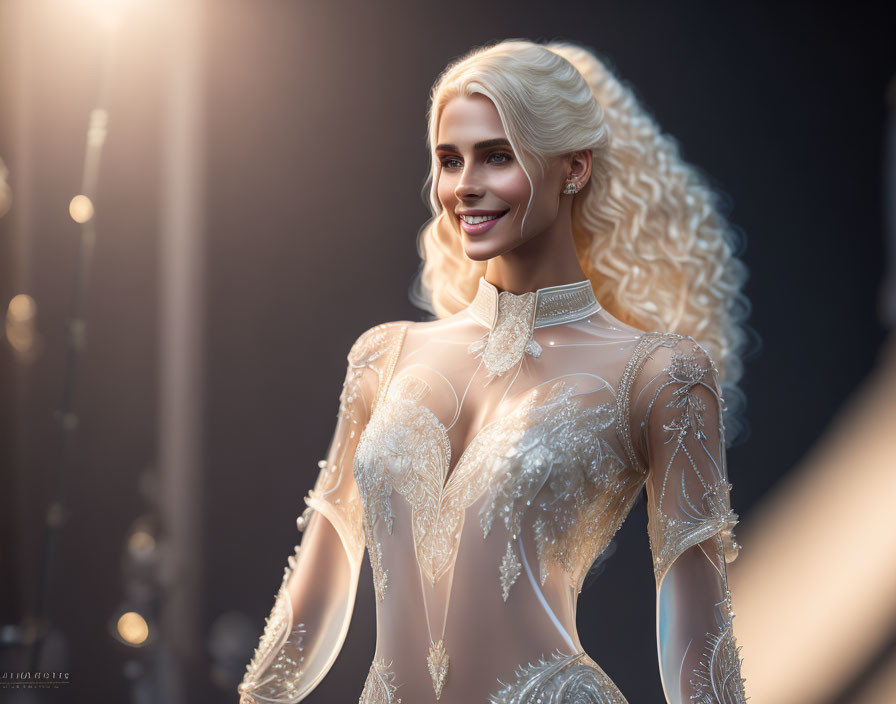 Blonde woman in embroidered sheer gown glowing warmly