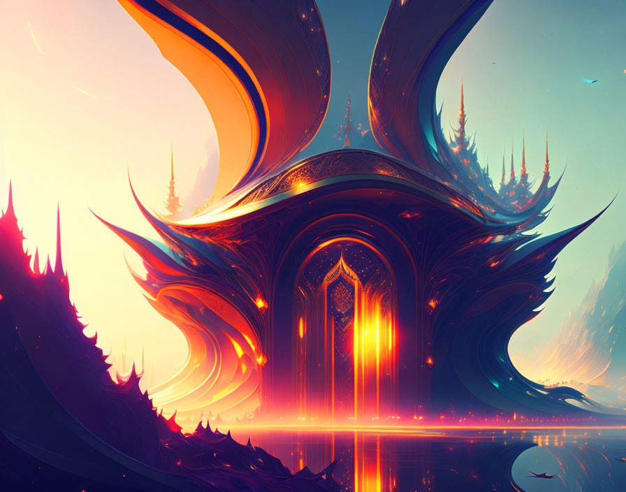 Surreal landscape with glowing spire-like structures at dusk