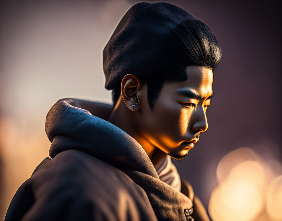 Young male with styled hair in hoodie and earring against dramatic sunset background