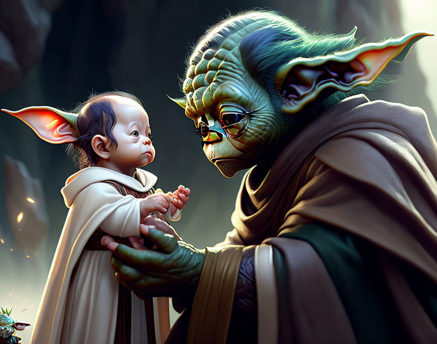 Realistic Yoda and baby with Yoda-like features in mystical forest