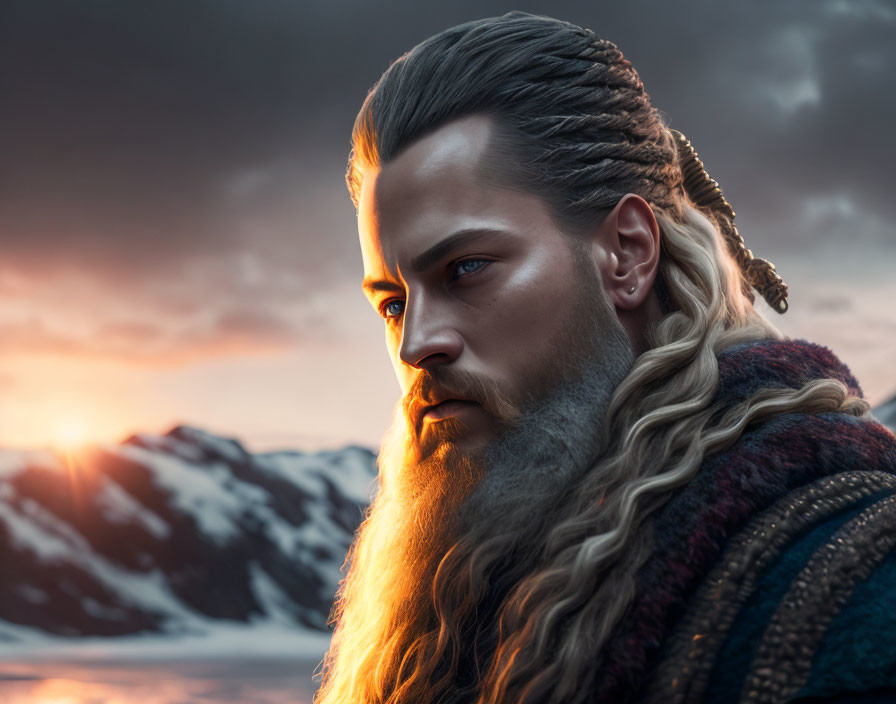 Bearded man with braided hair in snowy mountain sunset portrait