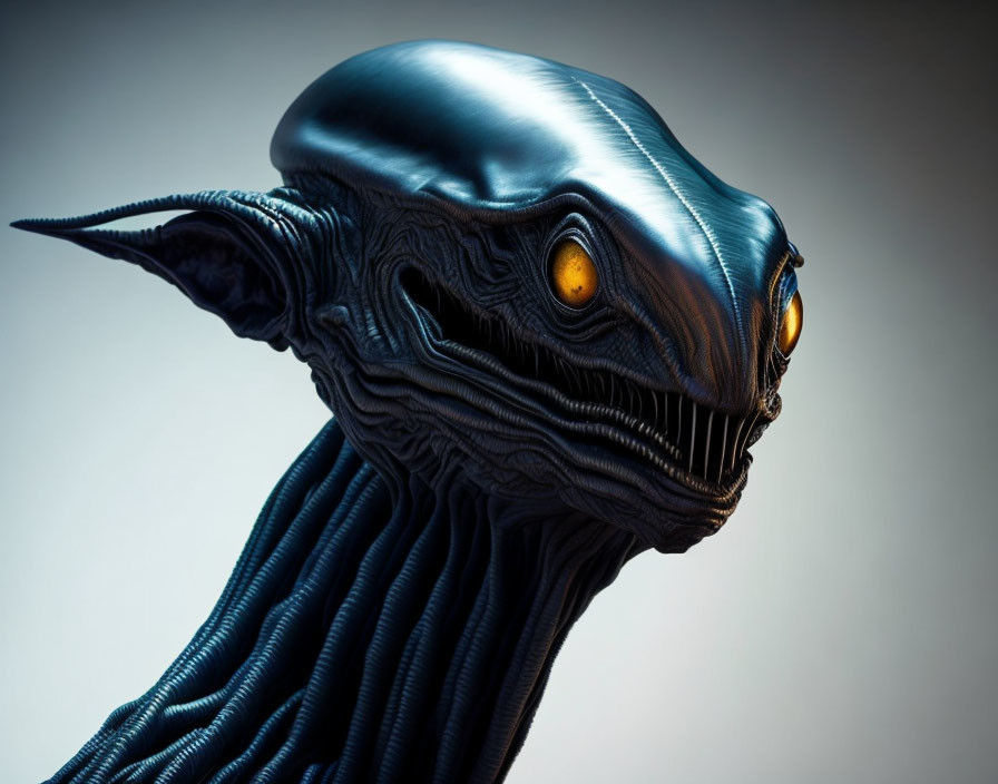 Alien creature with smooth, sleek head, sharp tip, intricate textures, and intense yellow eyes