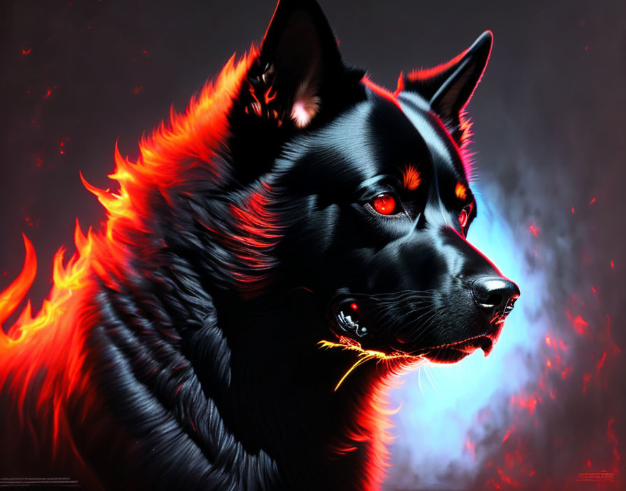 Digital artwork: Black dog with red glowing eyes and flames, dark smoky background