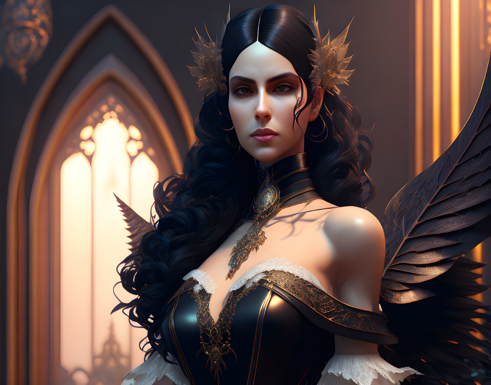 Dark-haired fantasy character with golden crown in gothic setting