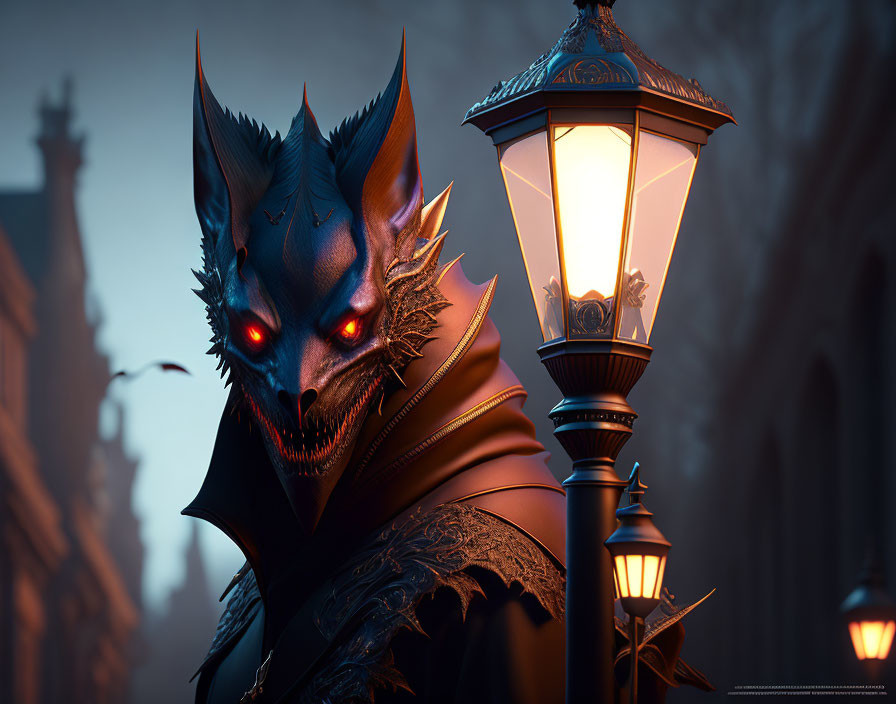 Menacing wolf-like demonic figure with glowing red eyes and sharp teeth beside a lit lantern.