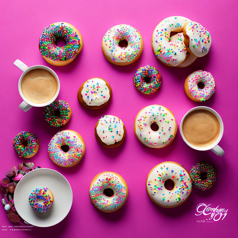 Colorful Sprinkle Frosted Donuts & Coffee Cups on Pink Background