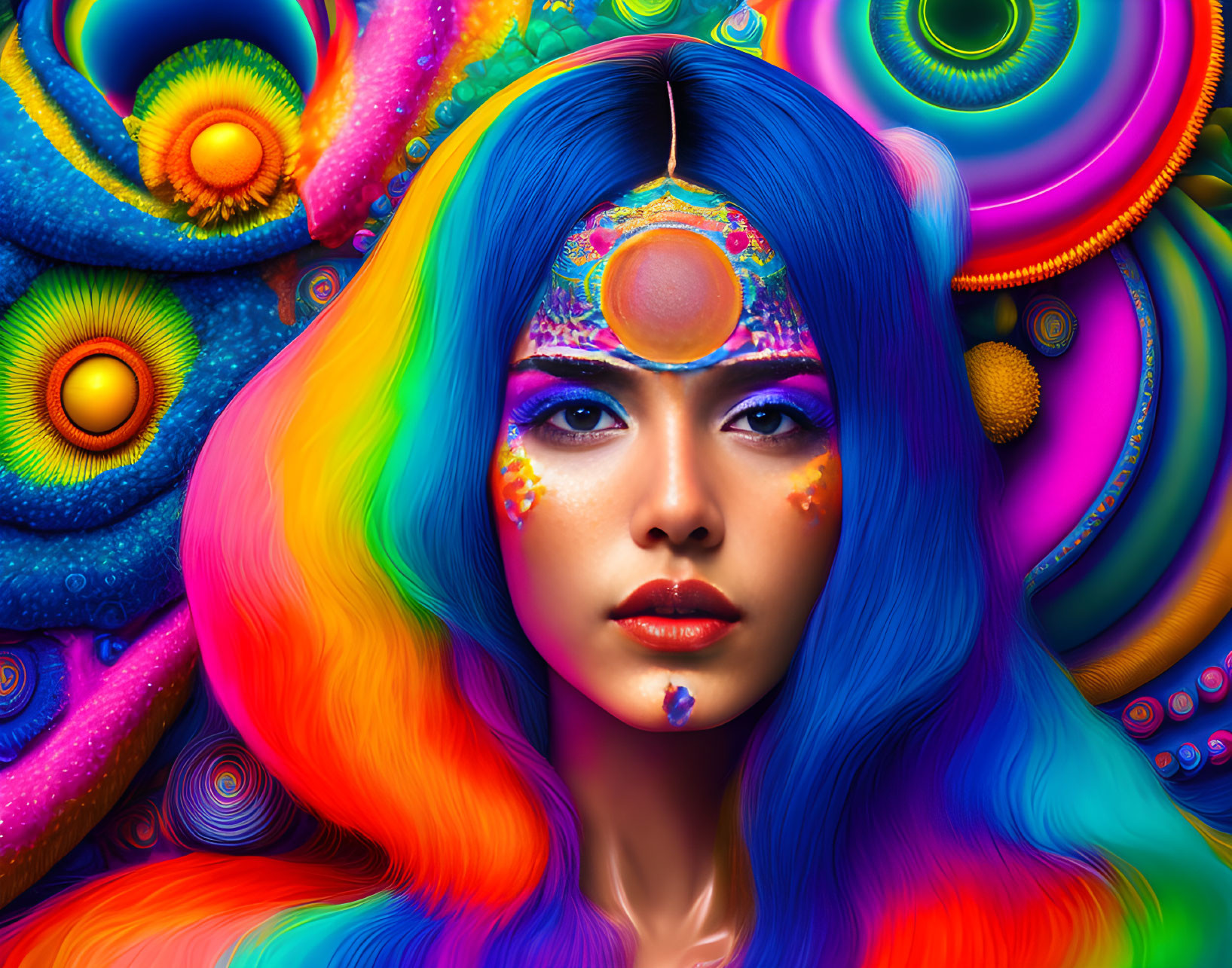 Colorful portrait of a woman with blue hair and psychedelic patterns