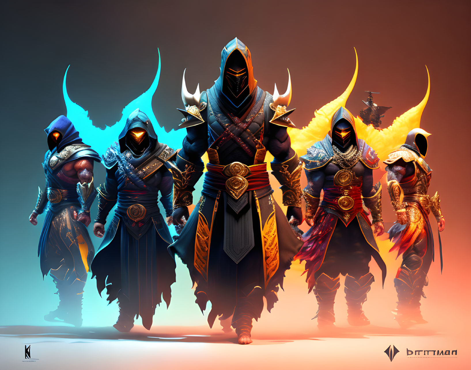 Stylized Armored Characters with Elemental Auras on Orange Background