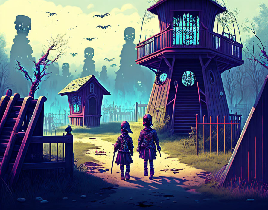 Illustration of children at haunted playground with eerie treehouses & monster silhouettes