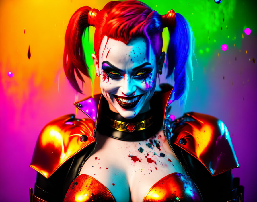 Colorful digital artwork of a woman with clown makeup and vibrant pigtails