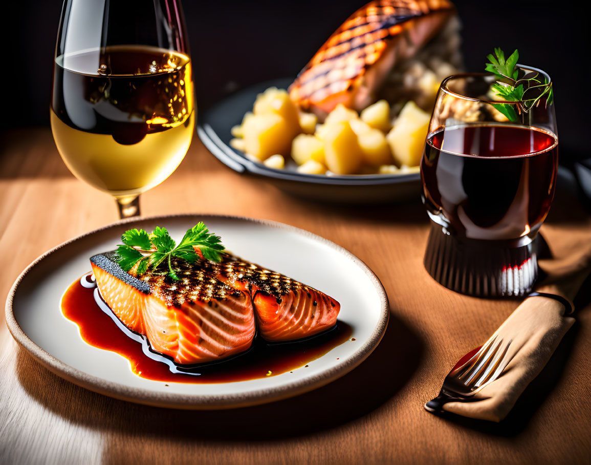 Grilled Salmon Fillet with Herb Sauce, White and Red Wine, and Potatoes