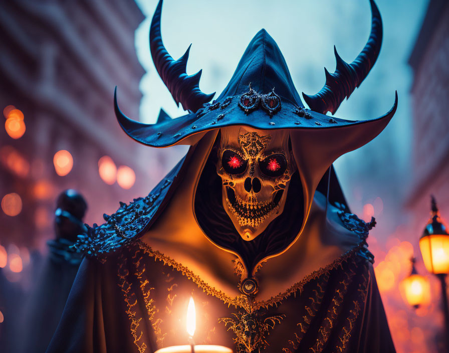 Person in dark costume with skull mask and candle in mystical setting