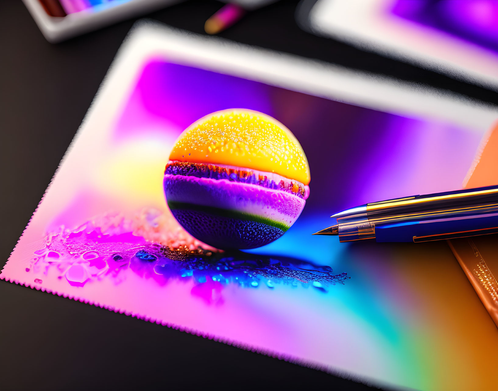 Colorful Crystal Ball Reflecting Light with Tablet and Pencils