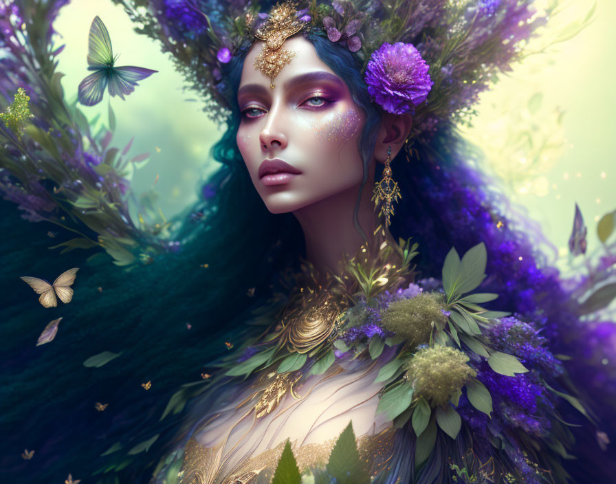 Person adorned with purple and green floral, gold accents, and butterflies, exuding a mystical aura.