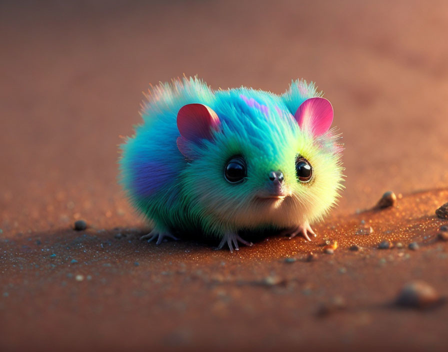 Colorful Fluffy Creature with Big Eyes on Sandy Surface