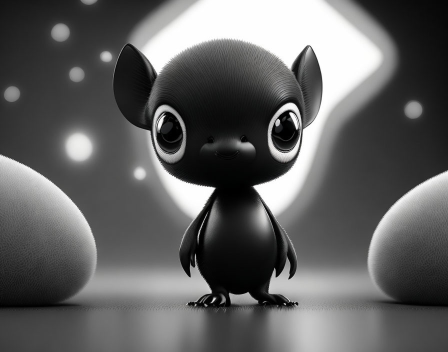 Animated black creature with large eyes in grayscale environment.