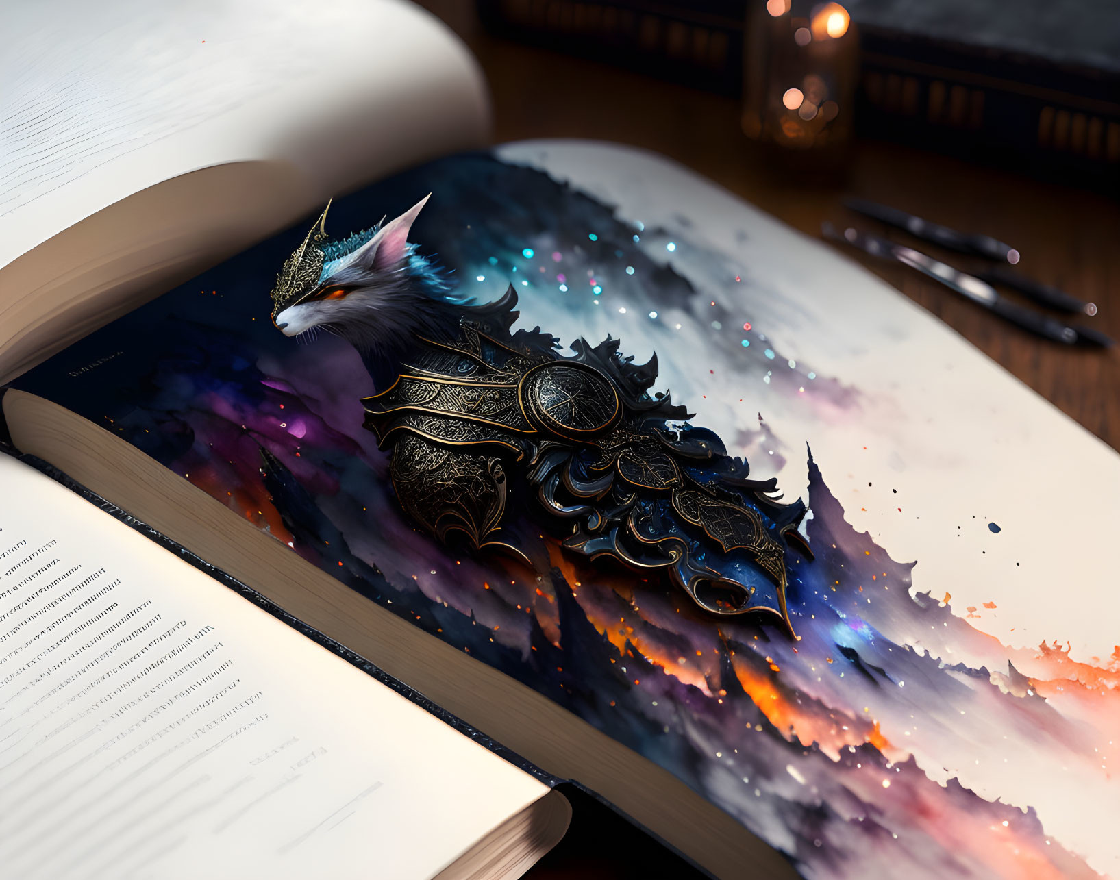 Fantastical creature blending into cosmic backdrop on open book