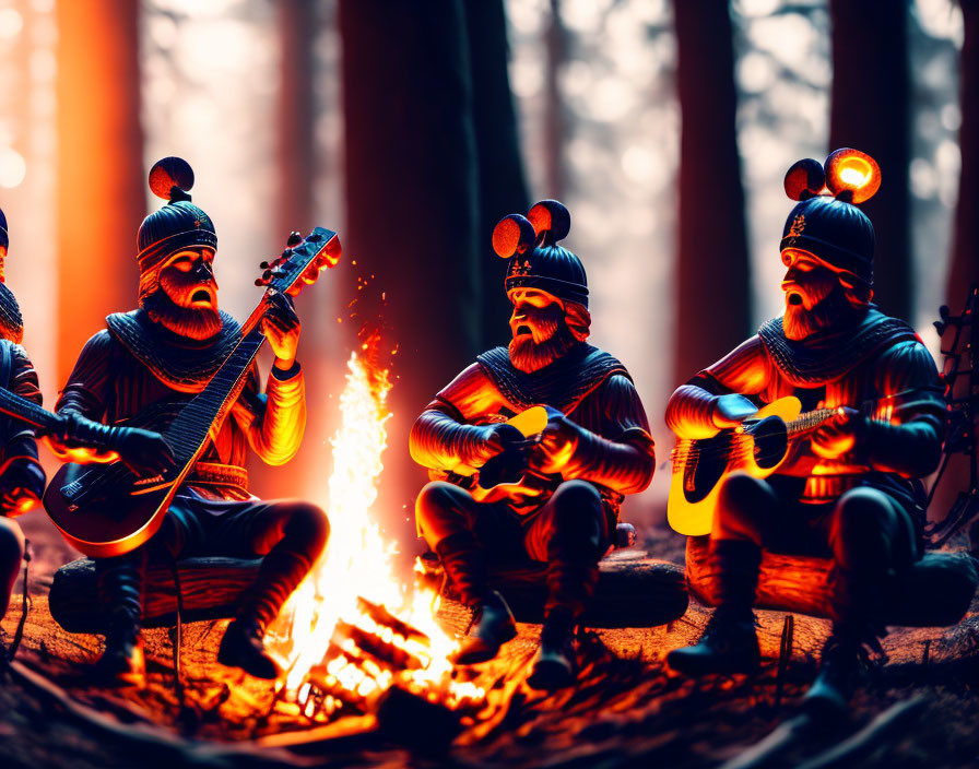 Three people in beanies and goggles playing guitars by campfire in forest at twilight