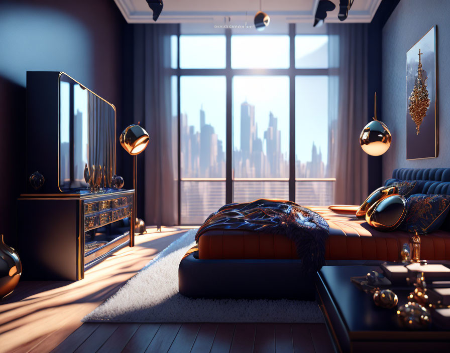 Modern luxury bedroom with large bed, elegant decor, city view, warm lighting, cozy ambiance