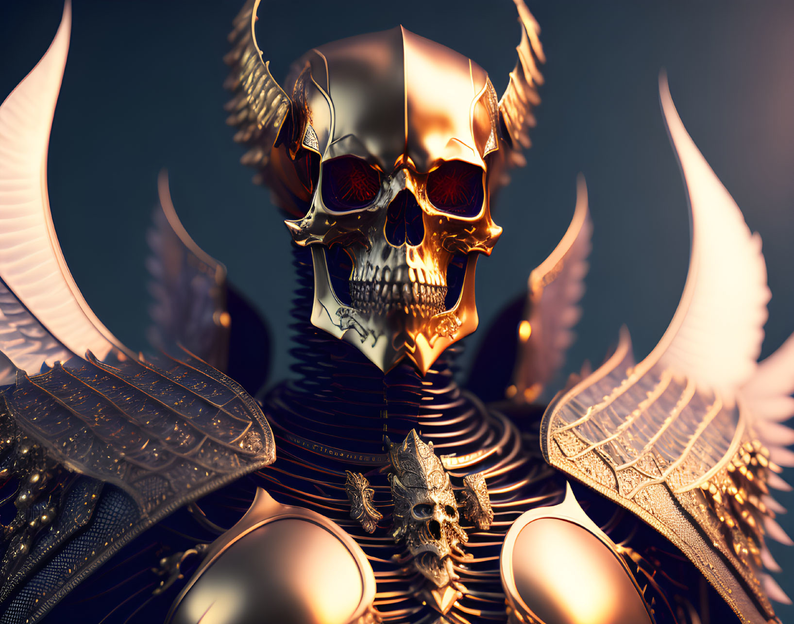 Stylized skull digital artwork with gold and black tones and intricate armor, wings, and horn-like