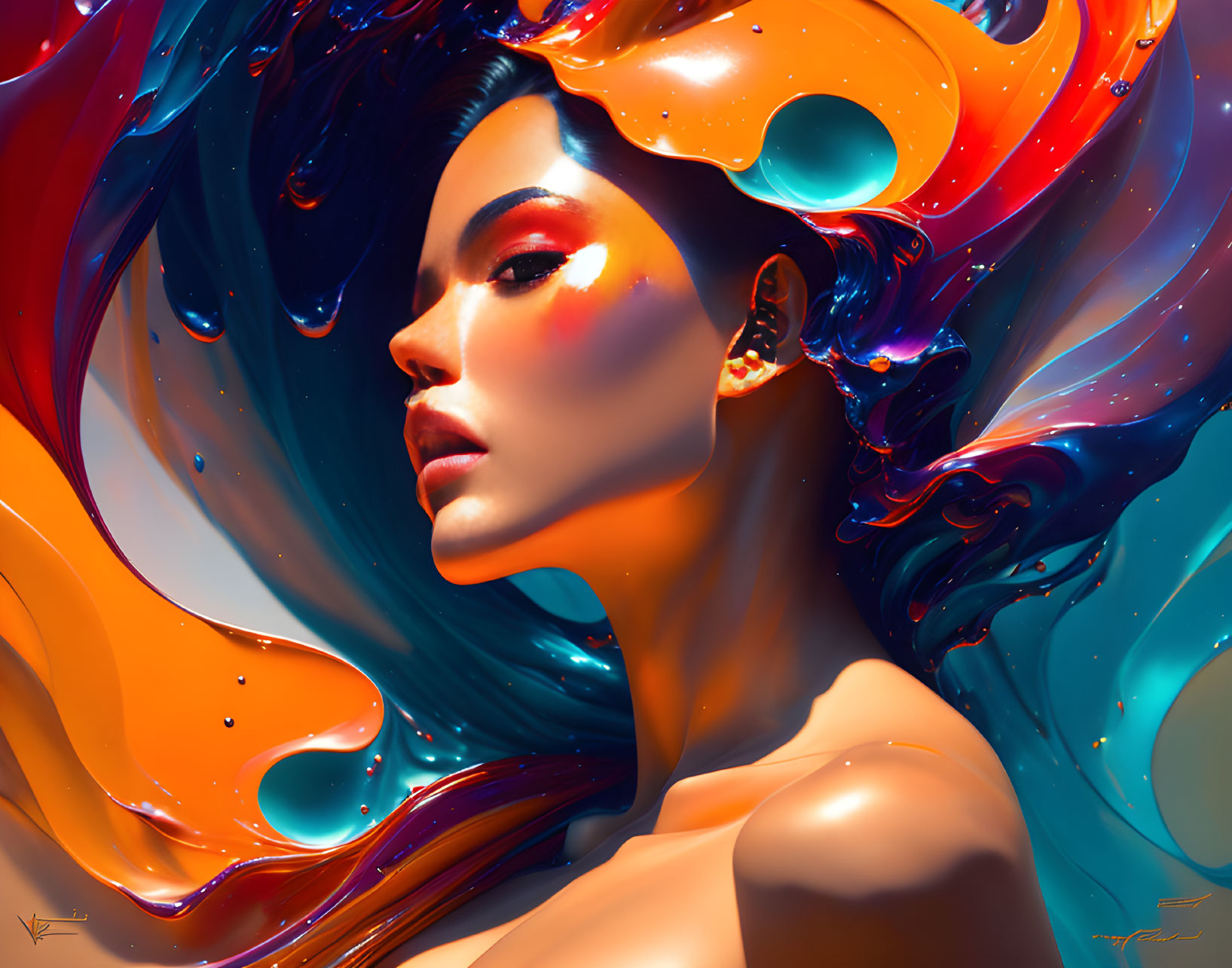 Colorful digital artwork: Woman with flowing, multicolored liquid hair on warm orange backdrop