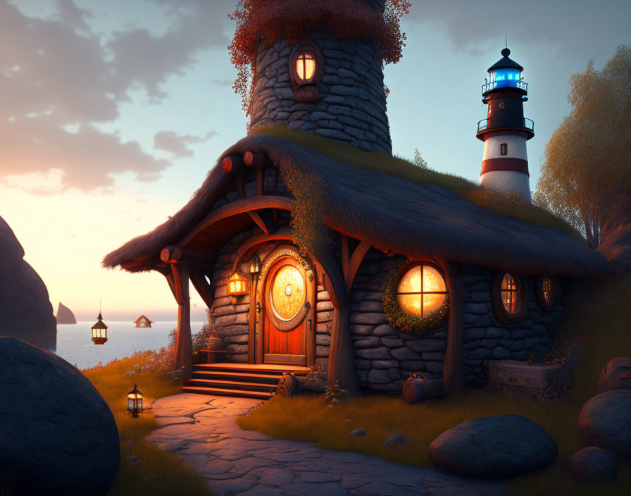 Quaint Thatched Cottage with Round Door by Lighthouse at Twilight