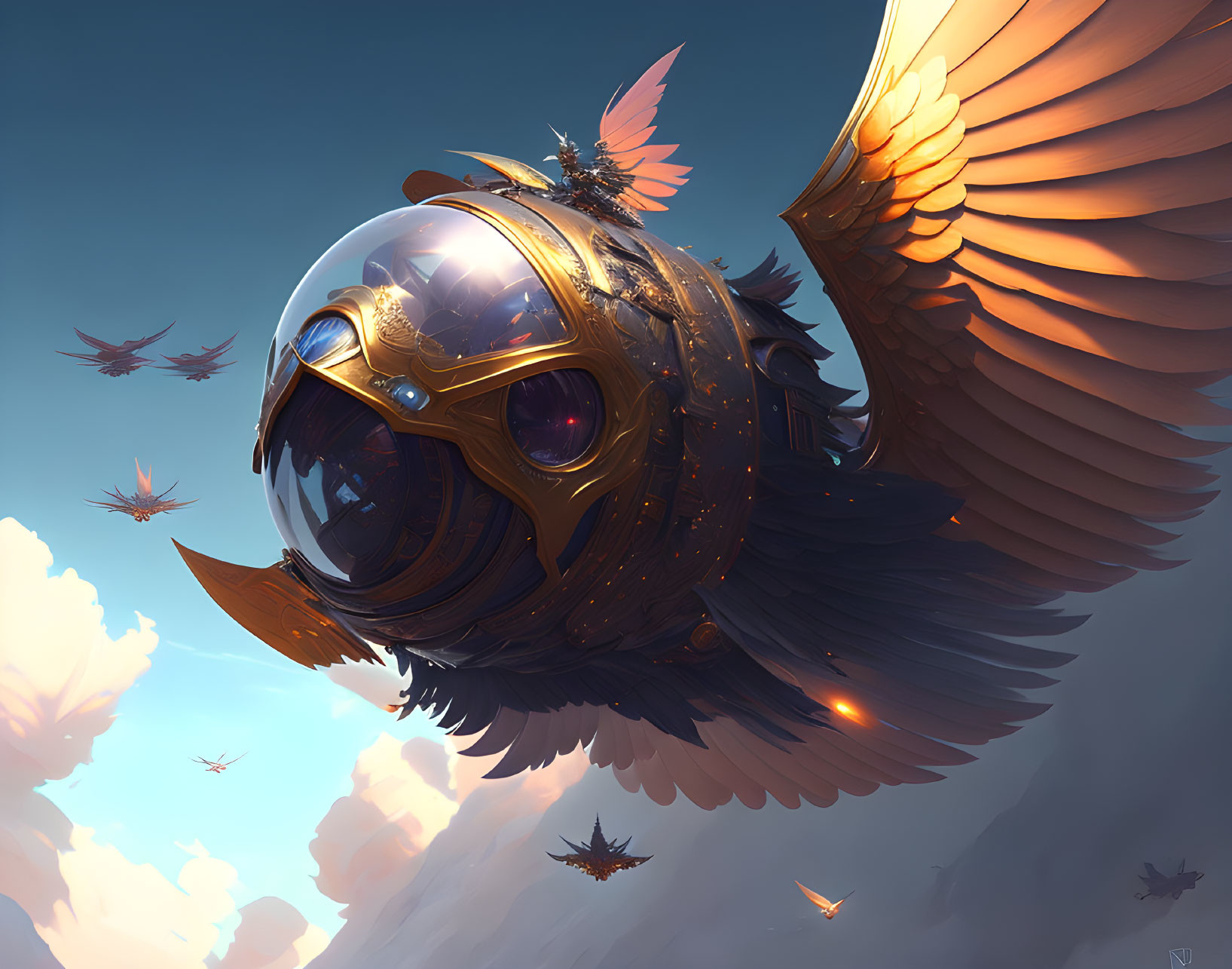 Golden-armored mechanized bird flying with smaller birds in serene sky