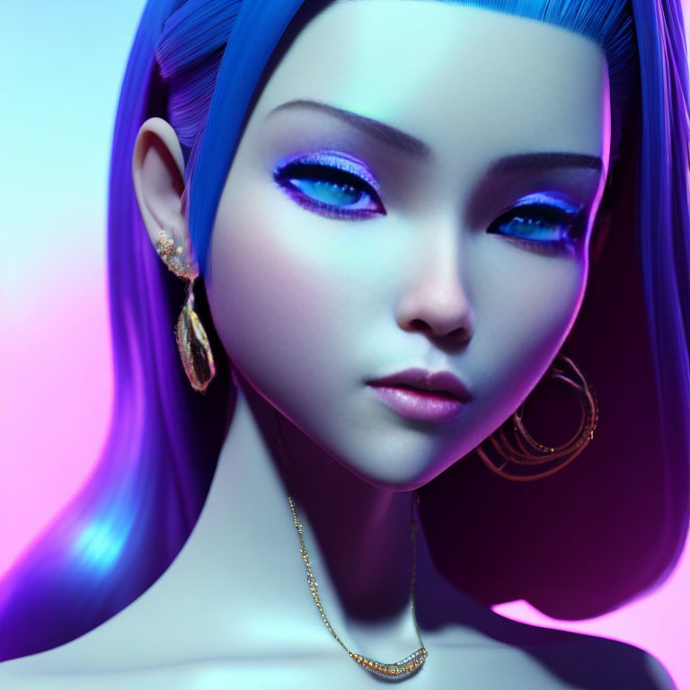 Vibrant blue hair and makeup on female figure against purple background