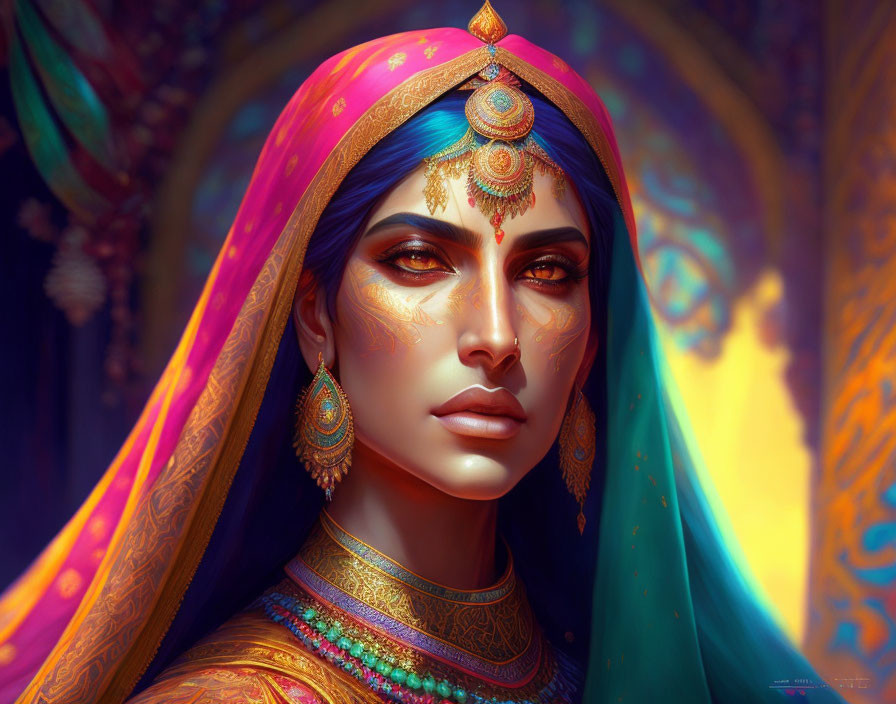 Traditional Indian Attire Illustration with Colorful Headscarf