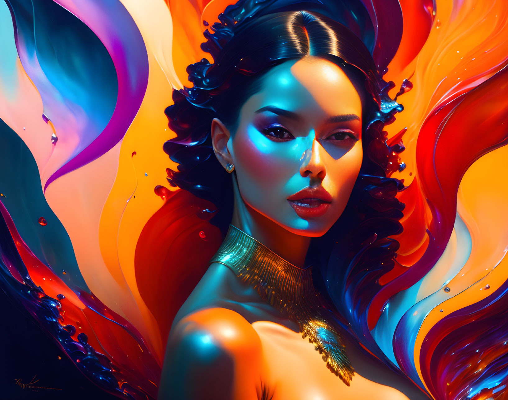 Vibrant swirling patterns frame striking woman in red, orange, and blue.