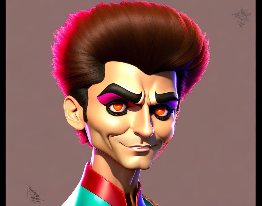 Vibrant digital art: Smiling character with red spiked hair and dramatic makeup.