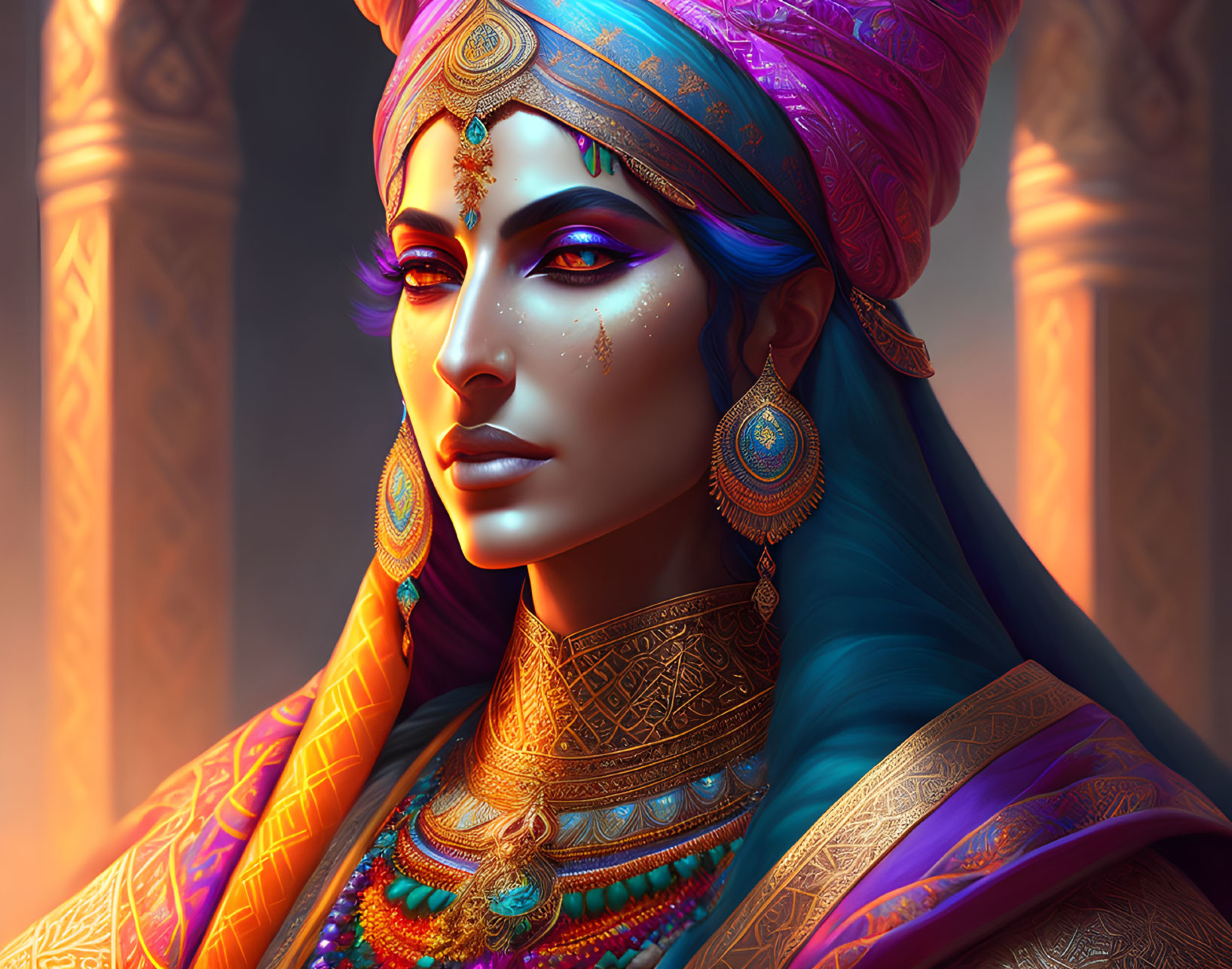 Detailed portrait of woman with blue skin, vibrant orange and purple attire, intricate jewelry, and traditional head