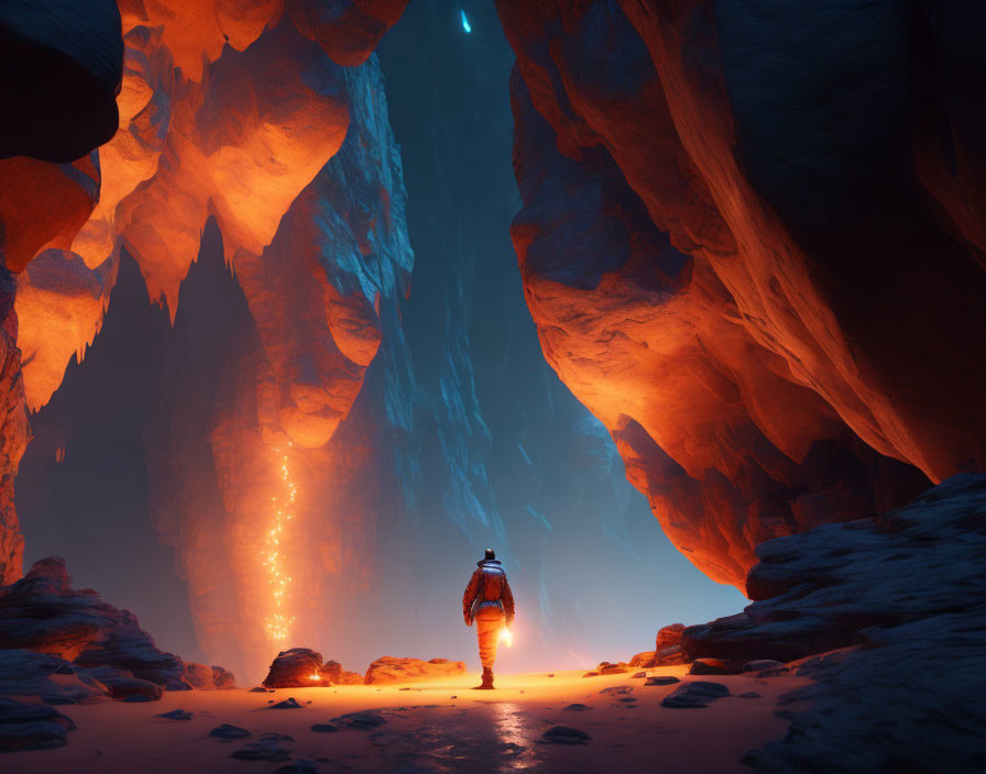 Mysterious glowing cave with lone figure in warm orange light