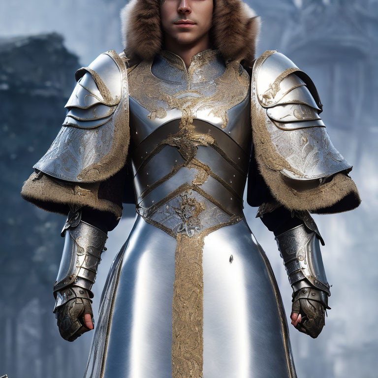 Detailed Silver and Gold Medieval Armor on Person in Misty Forest