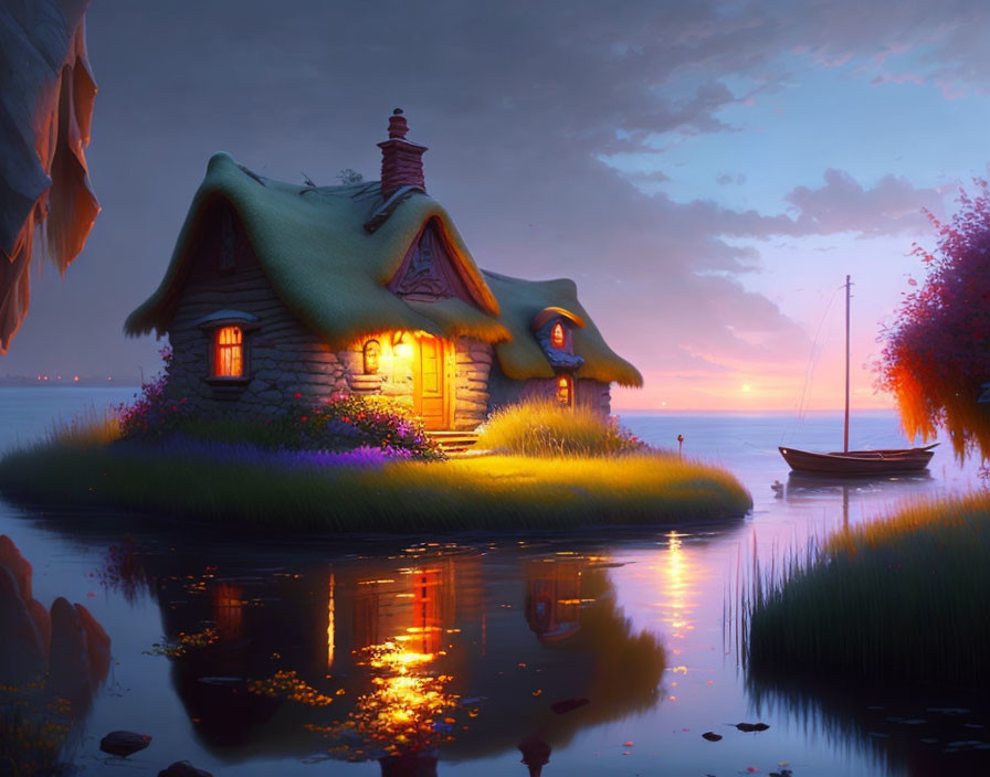 Thatched Roof Fantasy Cottage by Tranquil Lake at Dusk