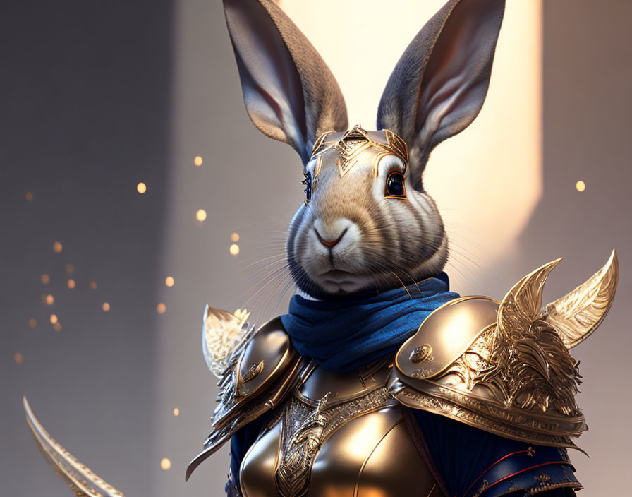 Anthropomorphic rabbit in ornate armor with blue scarf - realistic and regal fantasy art