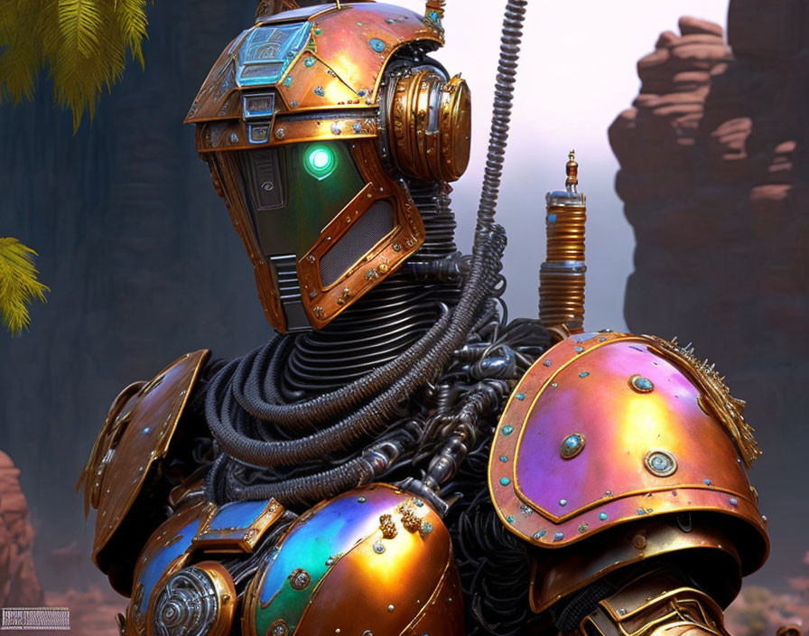 Steampunk-style robot with brass and copper panels and glowing green lights on rocky background