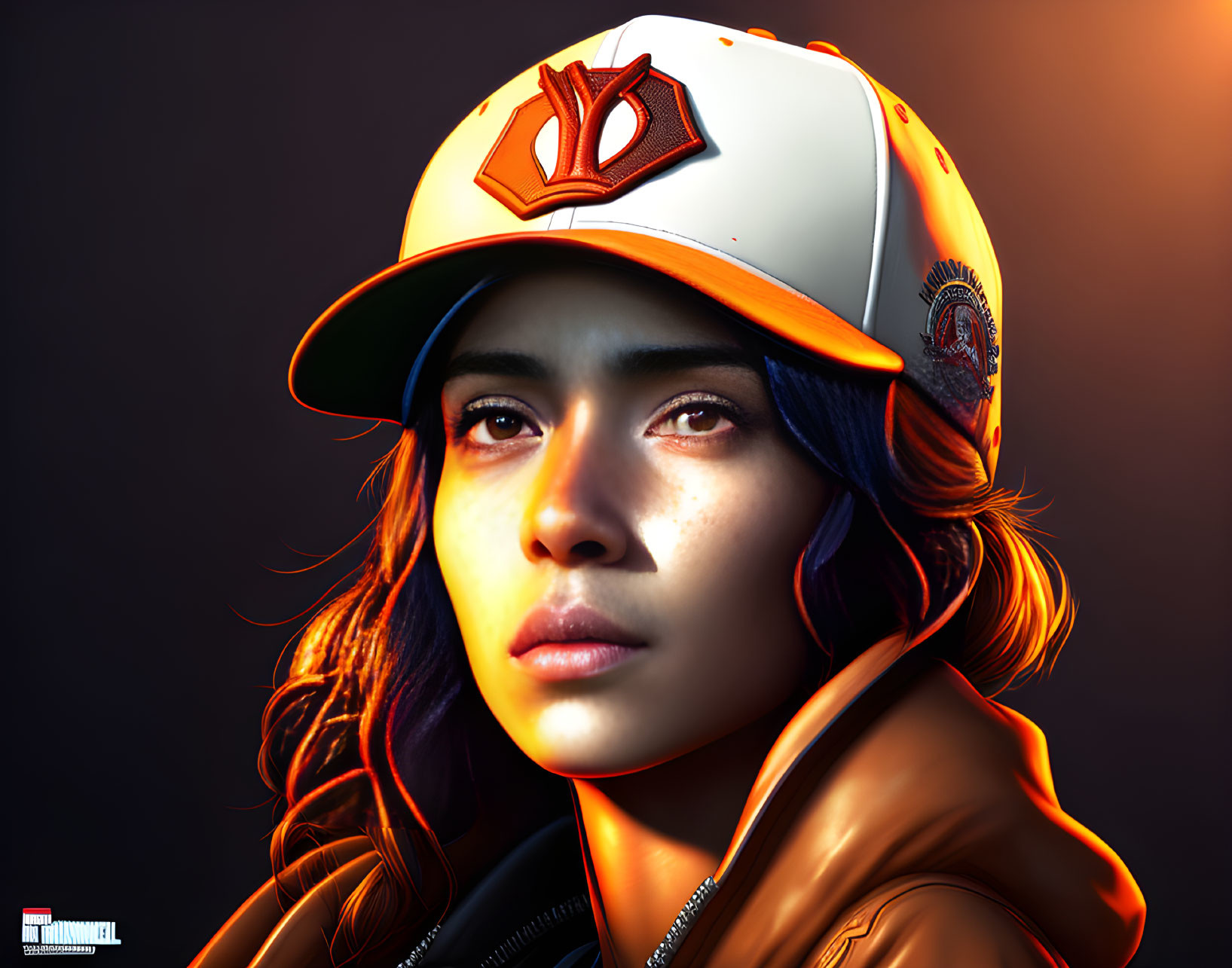 Digital artwork of woman in cap and jacket with striking features and dramatic lighting.